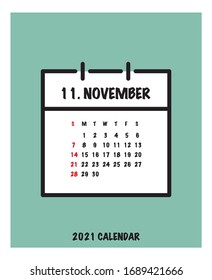 November 2021 calendar. Week starts from Sunday. Vector Illustration.