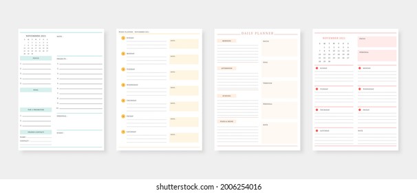 November 2021 - Planner. Modern planner template set. Set of planner and to do list. Monthly, weekly, daily planner template. Vector illustration.