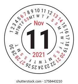 November 2021. Vector English сalendar. Round calender. Week starts on Sunday. Design template. Circle. Eleventh month