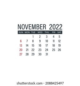 November 2022, calendar icon. Day month Year. Flat vector illustration