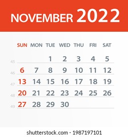 Hoja del calendario de noviembre de 2022 - Ilustración de vectores