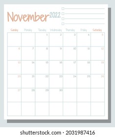 November 2022 calendar month planner with To Do List, week starts on Sunday, template, mock up calendar leaf illustration. Vector graphic page