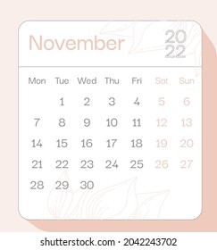 November 2022 calendar month planner with To Do List, week starts on Monday, template, mock up calendar leaf illustration. Vector graphic page