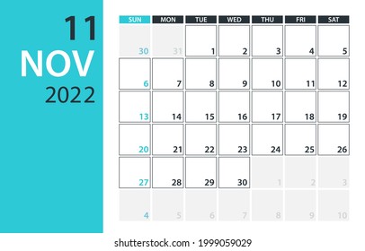 November 2022 Calendar Planner - vector illustration. Template. Mock up.