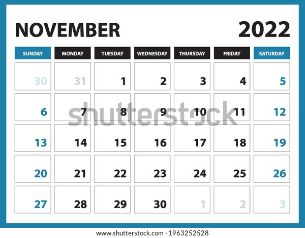 november 2022 calendar printable calendar 2022 stock vector royalty free 1963252528