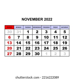 November 2022 Kalender. einfacher und flacher Konstruktionsvektor
