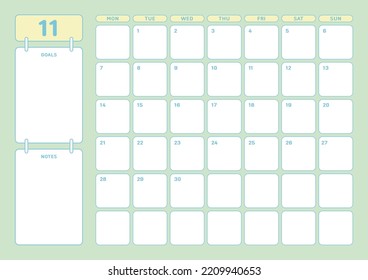 November 2022 calendar template design illustration in colorful and cute style. Notes, scheduler, diary, calendar, memo, planner document template background. 