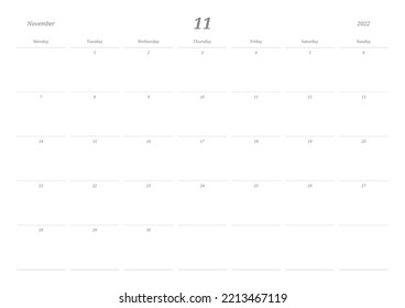 November 2022 calendar template design illustration is simple style. Memo, scheduler, diary, calendar, memo, planner document template background.