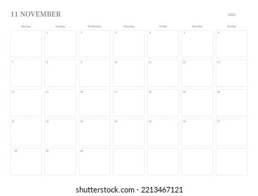 November 2022 calendar template design illustration is simple style. Memo, scheduler, diary, calendar, memo, planner document template background.