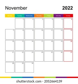 November 2022 colorful wall calendar, week starts on Monday. 2022 Calendar template.