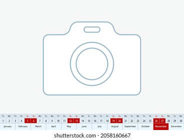 November 2022 for desk calendar, one line vector template calendar in English.