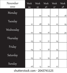 November 2022 Planner with number for each Week black on transparent background