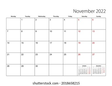La semana comienza a partir del lunes. Planificador del calendario vectorial.