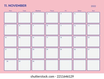 November 2022 simple design digital and printable calendar template illustration. Notes, scheduler, diary, calendar, memo, planner document template background. 