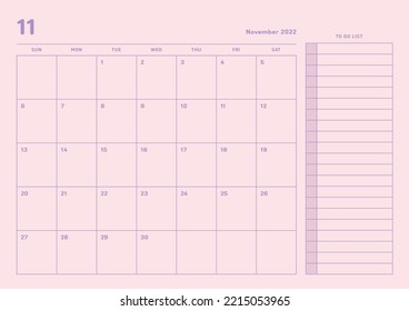 November 2022 simple design digital and printable calendar template illustration. Notes, scheduler, diary, calendar, memo, planner document template background. 