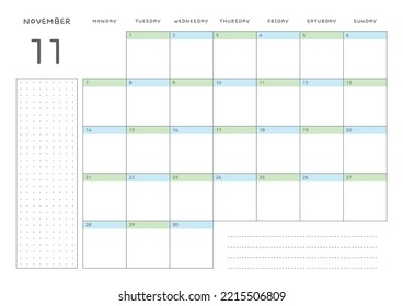 Ilustración de plantilla de calendario digital e imprimible de diseño sencillo en noviembre de 2022. Notas, programador, diario, calendario, nota, fondo de plantilla de documento del planificador. 