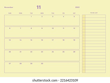 November 2022 simple design digital and printable calendar template illustration. Notes, scheduler, diary, calendar, memo, planner document template background. 