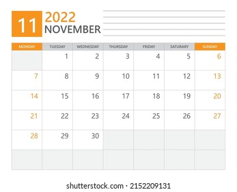 Vorlage November 2022, Kalenderplaner 2022, Woche beginnt am Montag, Schreibtischkalender 2022 Jahr, einfaches und sauberes Design, Wall-Kalender-Design, Corporate Design-Planer-Vorlage, Druckmedien-Vektorgrafik