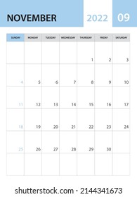 Vorlage November 2022, Kalendervorlage 2022, Vektorgrafik des Planers, monatliches Design, Schreibtischkalender 2022, Wandkalender-Design, minimaler Stil, Werbung, Poster, Druckmedien, einfache kreative Vektorgrafik