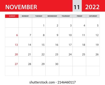 November 2022 template, Calendar 2022 template vector, planner monthly design, Desk calendar 2022, Wall calendar design, Minimal style, advertisement, poster, printing media, horizontal layout 
