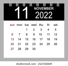 November 2022. Vector monthly calendar template 2022 year in simple style for template design. Week starts from Sunday.