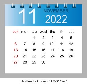 November 2022. Vector monthly calendar template 2022 year in simple style for template design. Week starts from Sunday.