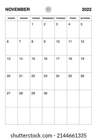 November 2022 year planner template, calendar 2022 desgin, monthly and yearly planners. organizer diary. week start Sunday, corporate planner template, Desk calendar 2022, vertical layout, vector
