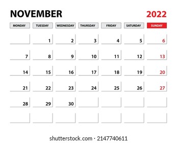 November 2022 year planner template, calendar 2022 template, monthly and yearly planners. organizer diary. week start monday, corporate planner template, Desk calendar 2022, Horizontal layout, vector