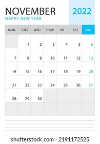 November 2022-Calendar 2022 template vector on blue background, week start on monday, Desk calendar 2022 year, Wall calendar design, corporate planner template, Stationery, organizer diary, vector