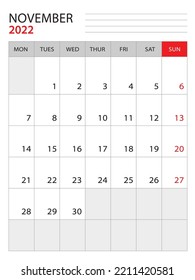 November 2022-Calendar 2022 template vector illustration, week start on monday, Wall calendar 2022 design, Desk calendar template, corporate planner template, Stationery, organizer diary, vector