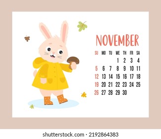 November 2023 calendar. Cute bunny in raincoat and rubber boots with mushroom on white background with autumn leaves. Vector illustration. horizontal Template. Week from Sunday In English