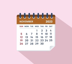  November 2023 Calendar Leaf. Calendar 2023 In Flat Style