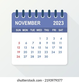 November 2023 Calendar Leaf. Calendar 2023 in flat style. Vector illustration.