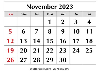 November 2023 calendar. Monthly planning for your business events. Vector illustration