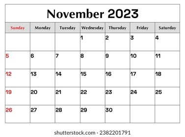 November 2023 calendar. Monthly planning for your business events. Vector illustration