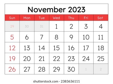 November 2023 calendar. Monthly planning for your business events. Vector illustration