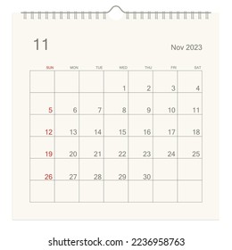November 2023 calendar page on white background. Calendar background for reminder, business planning, appointment meeting and event. Week starts from Sunday. Vector illustration.