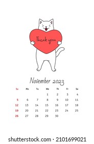 November 2023 calendar. Calendar template decorated with a cute white cat in love. Vector illustration 10 EPS.