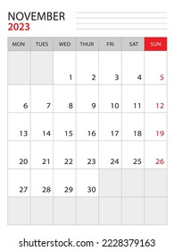 November 2023 - Calendar 2023 template vector illustration, week start on monday, Wall calendar 2023 design, Desk calendar template, corporate planner template, Stationery, organizer diary, vector