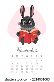 November 2023 calendar vertical page. Chinese black water rabbit, symbol of year. Cute smart bunny in glasses reading book. A4 wall calendar design. Vector illustration.