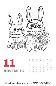 November 2023 calendar vertical page. Bunny mom reading book to son. Outline cartoon character, coloring book template for children activity. Chinese rabbit, traditional symbol of year.