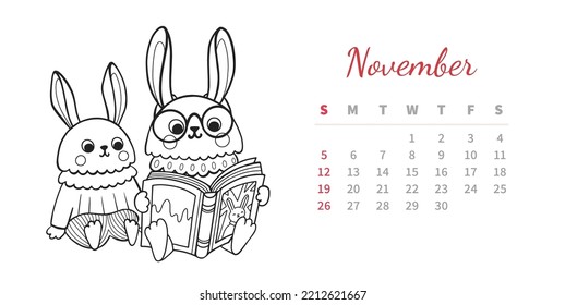 November 2023 horizontal calendar page with cute outline bunny. Rabbit reading fairy tale book to kid, family activity. Chinese new year symbol. Coloring book vector illustration.