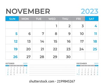 November 2023 page, Calendar 2023 template, Desk calendar 2023 year, planner design, Wall calendar, week starts on sunday, stationery design, Desk office, organizer office, vector eps10