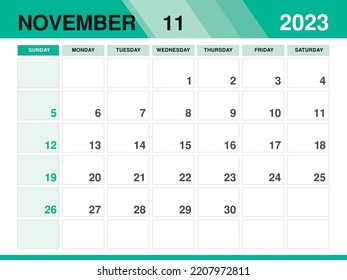 November 2023 template, Calendar 2023 template vector, planner monthly design, Desk calendar 2023, Wall calendar design, Minimal style, advertisement, poster, printing media, green background concept