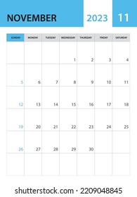 November 2023 template, Calendar 2023 template vector, planner monthly design, desk calendar 2023, wall calendar design, minimal style, advertisement, poster, printing media, simple creative vector