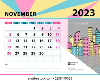 November 2023 template - Calendar 2023 year design, Desk calendar 2023 year, Planner, Week starts on Sunday, Wall calendar design, Stationery design, vintage background vector eps10