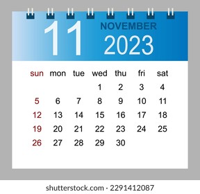 November 2023. Vector monthly calendar template 2023 year in simple style for template design. Week starts from Sunday.