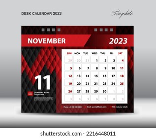 November 2023 year- Desk Calendar 2023 template vector, Week starts Sunday, Planner design, Stationery, flyer design, wall calendar 2023 year design, printing media creative idea design