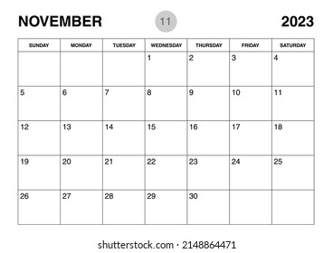 November 2023 year planner template, calendar 2023 template, monthly and yearly planners. organizer diary. week start Sunday, corporate planner template, Desk calendar 2023 year, Vector illustration