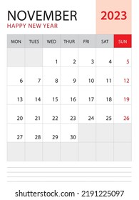 November 2023-Calendar 2023 template vector on red background, week start on monday, Desk calendar 2023 year, Wall calendar design, corporate planner template, Stationery, organizer diary, vector